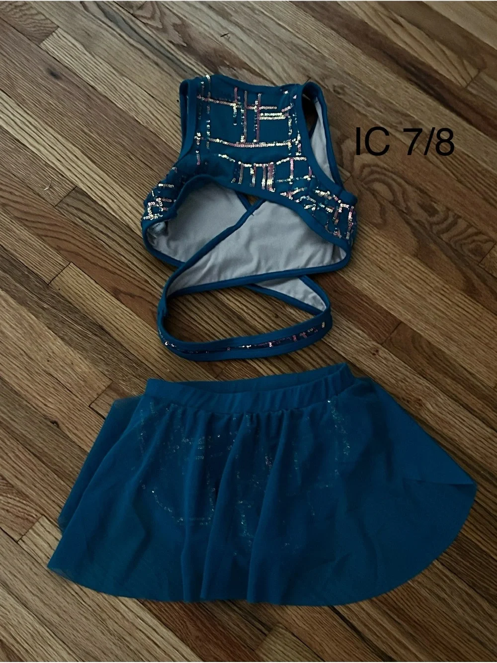 Weissman New Teal Sequin Girls Two-Piece Dance Costume. Size IC 7/8